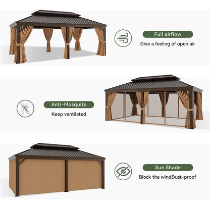 Mazonvintage 12 ft. x 20 ft. Outdoor Hardtop Gazebo, Galvanized Steel Double Roof Gazebo with Curtain and Netting