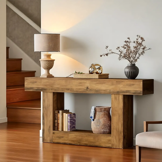 63″ Long Rustic Wood Console Table – Farmhouse Design, With Multi-Functional Shelves 