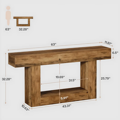 63″ Long Rustic Wood Console Table – Farmhouse Design, With Multi-Functional Shelves 