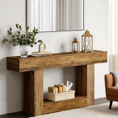 63″ Long Rustic Wood Console Table – Farmhouse Design, With Multi-Functional Shelves 