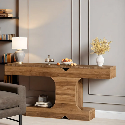 63″ Modern Console Table – Elegant T-shape, bookshelf and decoration 