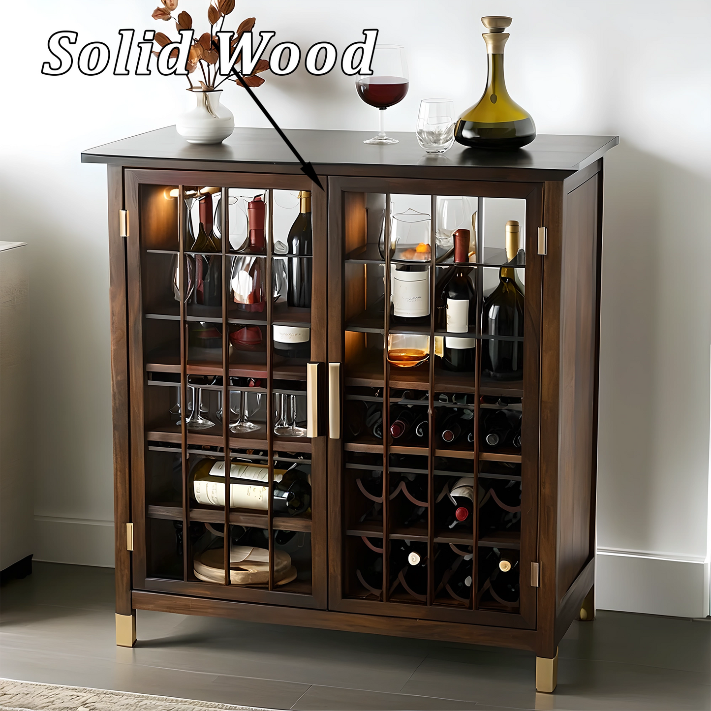 Modern Wooden Wine Cabinet with Glass Doors, Luxury Storage for Wine Bottles and Glasses