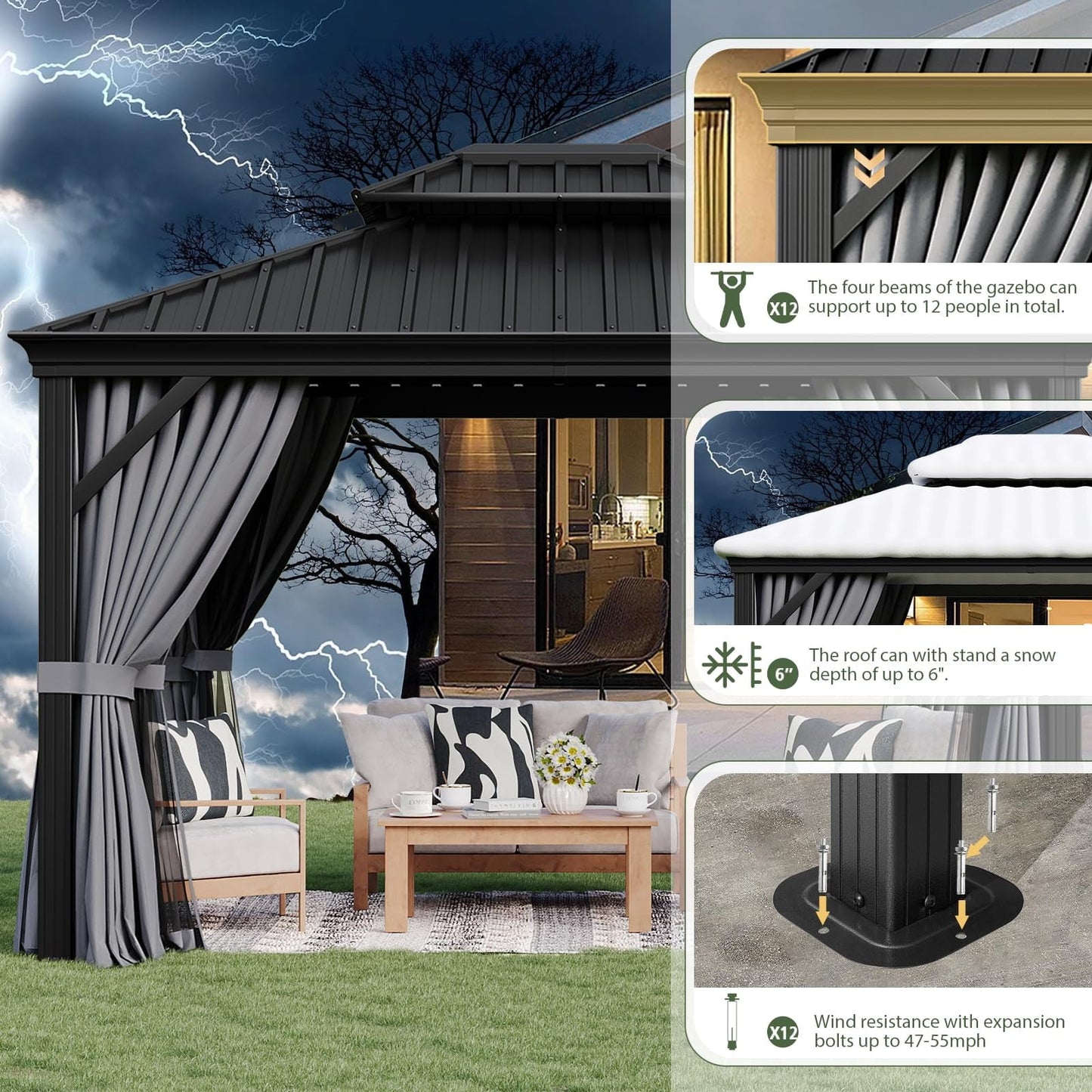 Mazonvintage 10' x 12' Hardtop Gazebo, Galvanized Steel Double Top, Permanent Aluminum Gazebo, Outdoor Metal Gazebo with Privacy Curtains and Mosquito Netting, for Parties, Gardens, Decks, Patios, Lawns