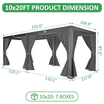 Mazonvintage Outdoor 10x20 FT Louvered Pergola, Aluminum Pergola with Adjustable Louvered Roof for Patio, Deck, Garden, Gray