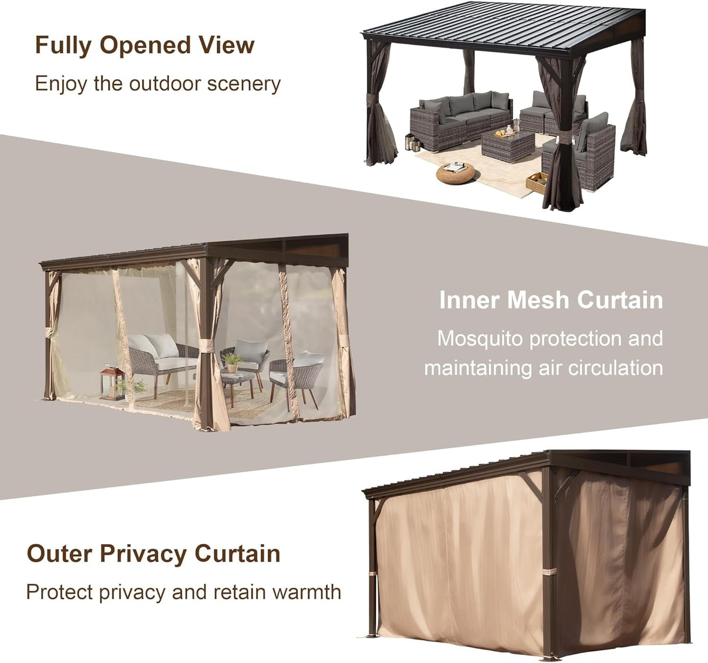 Mazonvintage Outdoor Living 8' x 12' Hardtop Lean-to Gazebo, Wall-Mounted with Galvanized Steel Roof Wall Pergola with Aluminum Frame, Curtains and Netting, for Patio, Deck, Garden, Backyard