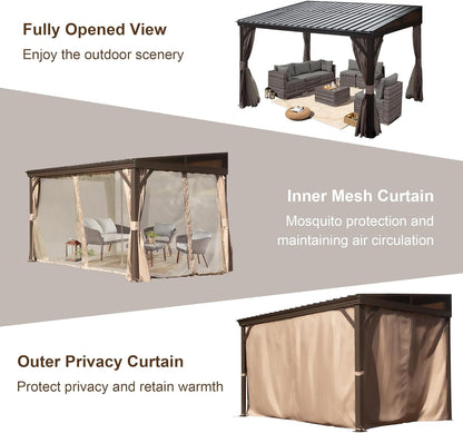 Mazonvintage Outdoor Living 8' x 12' Hardtop Lean-to Gazebo, Wall-Mounted with Galvanized Steel Roof Wall Pergola with Aluminum Frame, Curtains and Netting, for Patio, Deck, Garden, Backyard