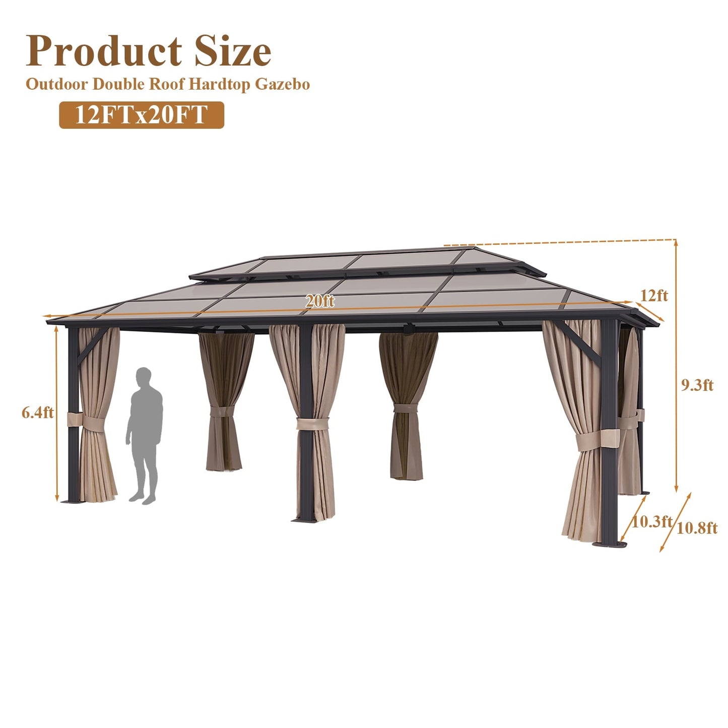 Mazonvintage 12x20FT Hardtop Gazebo, Aluminum Frame Permanent Pavilion with Curtains and Netting, Outdoor Polycarbonate Double Roof Canopy, Designed for Garden, Lawns, Patio