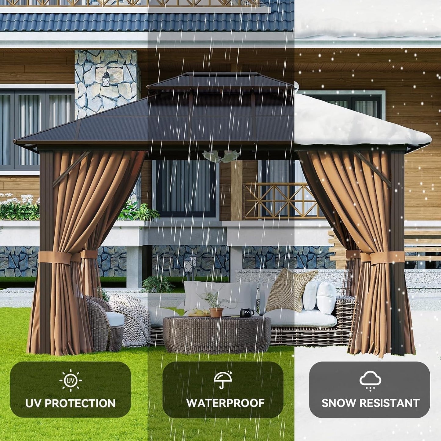 Mazonvintage 10'x12' Hardtop Gazebo, Aluminum Frame Permanent Pavilion, Outdoor Polycarbonate Gazebo, Double Roof Canopy, and 20” Outdoor Fan Lights