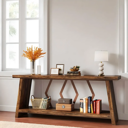 70.86 Inch Natural Wood Console Table with Decorative Zigzag Legs – Rustic Modern Style 