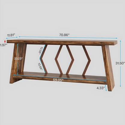 70.86 Inch Natural Wood Console Table with Decorative Zigzag Legs – Rustic Modern Style 