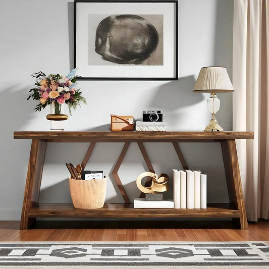 70.86 Inch Natural Wood Console Table with Decorative Zigzag Legs – Rustic Modern Style 