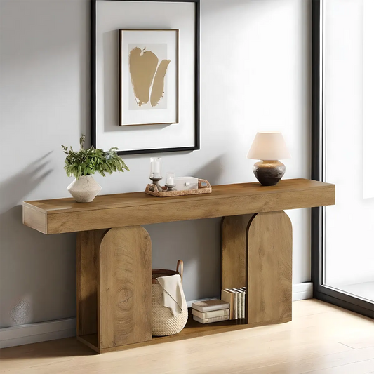 71 Inch Modern Oak Console Table – Aesthetic Curved Legs, Top and Bottom Shelves, Decorative Style and Storage 