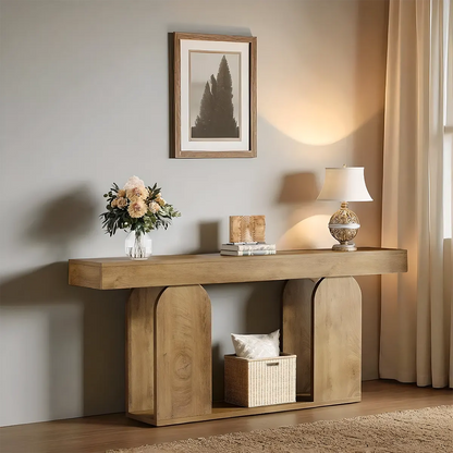 71 Inch Modern Oak Console Table – Aesthetic Curved Legs, Top and Bottom Shelves, Decorative Style and Storage 