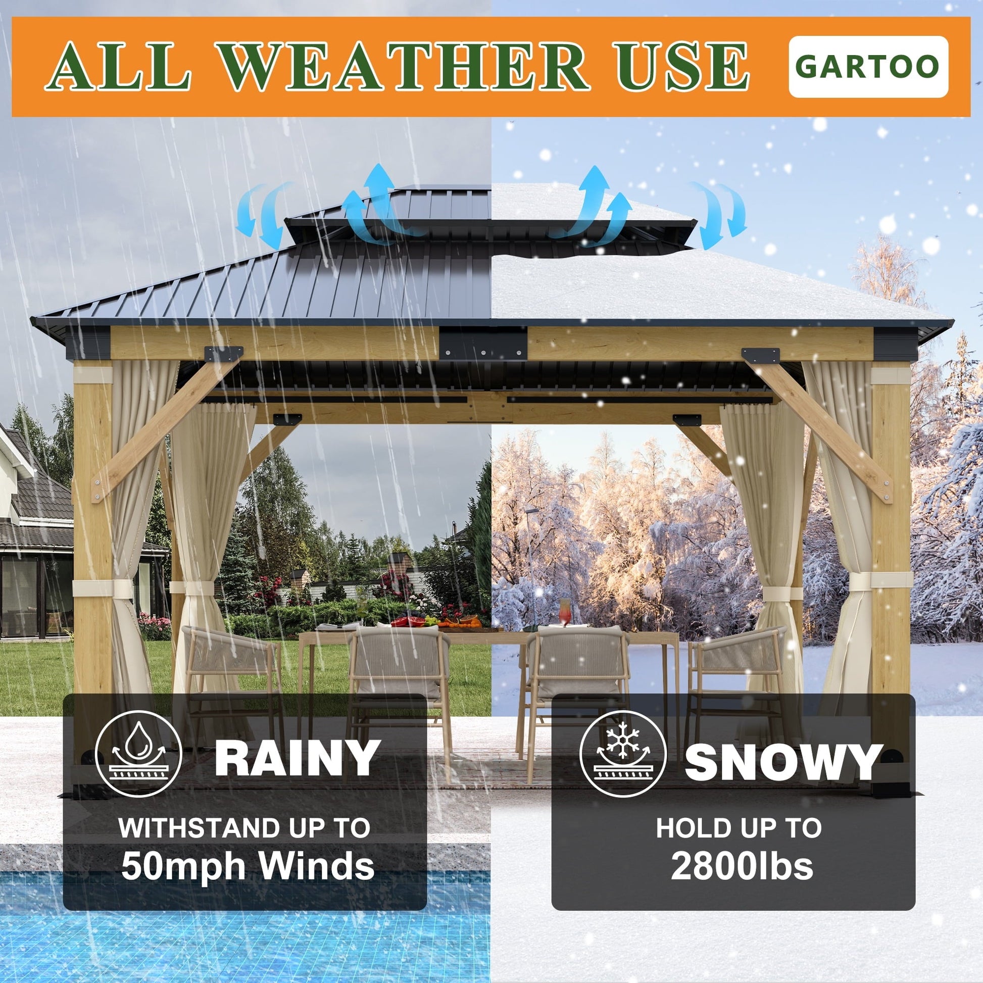 Mazonvintage 11 x 13 ft. Patio Cedar Wood Gazebo, Double Metal Roof Hardtop Wooden Gazebos with Curtains and Netting for Mazonvintage, Deck, Lawns