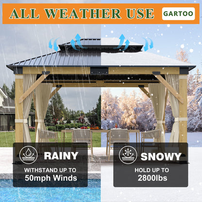 Mazonvintage 11 x 13 ft. Patio Cedar Wood Gazebo, Double Metal Roof Hardtop Wooden Gazebos with Curtains and Netting for Mazonvintage, Deck, Lawns