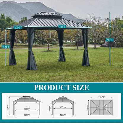 Mazonvintage 10'x12' Hardtop Gazebo, Outdoor Steel Double Roof Canopy, Aluminum Frame Permanent Pavilion with Curtains and Netting, Sunshade for Garden, Patio, Lawns, Black