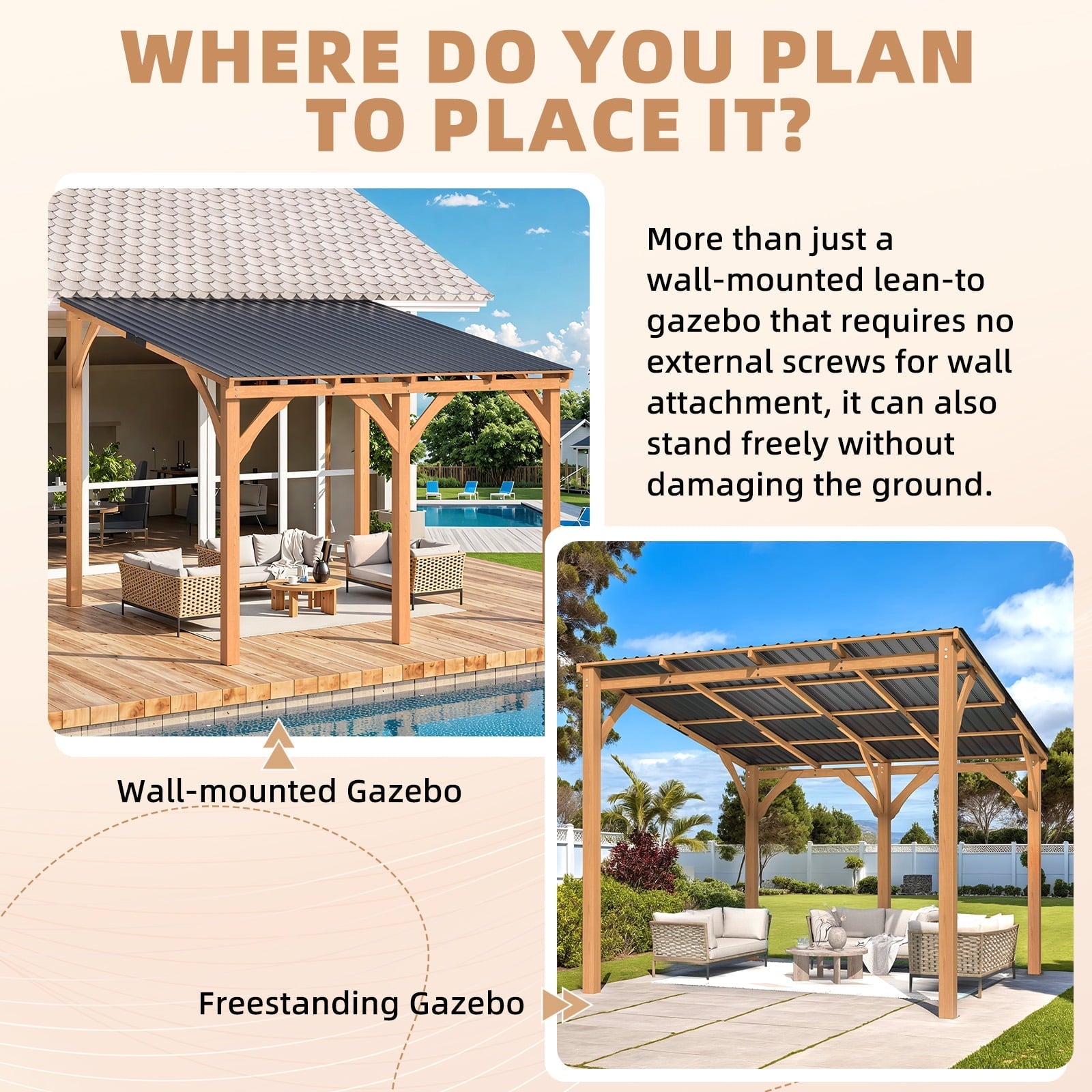 Mazonvintage 10' x 10' Wood Gazebo, Outdoor Heavy Duty Wooden Pergola on Clearance, Patio Lean to Hardtop Awnings