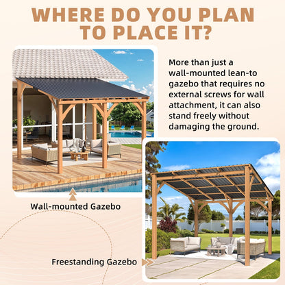Mazonvintage 10' x 10' Wall-Mounted Outdoor Wood Gazebo, Hardtop Cedar Pergola with Heavy-Duty Awnings for Patio, Deck, Backyard