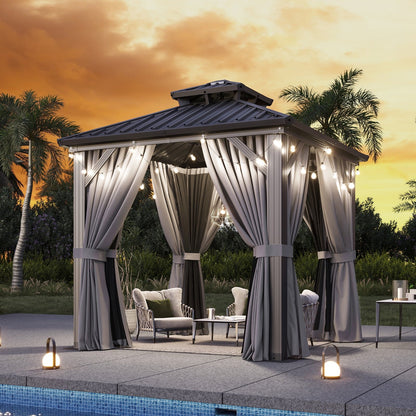 Mazonvintage 8'x8' Hardtop Gazebo, Aluminum Frame Gazebo with Double Galvanized Steel Roof, Outdoor Metal Pavilion with Netting and Curtains for Backyard, Gray