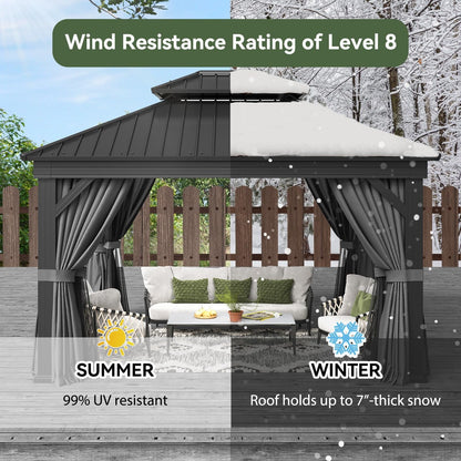 Mazonvintage 10' X 12' Hardtop Gazebo, Aluminum Outdoor Gazebo with Galvanized Steel Double Roof Canopy, Permanent Metal Gazebo with Privacy Curtain and Netting, for Garden, Backyard, Deck