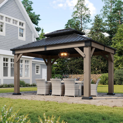 Mazonvintage 10' x 12' Outdoor Wood Gazebo, Mazonvintage Gazebo Permanent Wooden Pavilion with Galvanized Steel Double Roof, for Patio, Garden, Deck, Cedar Wood