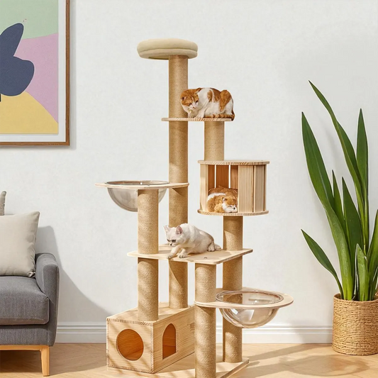Multi-Level Wooden Cat Tree Tower with Cozy Perches