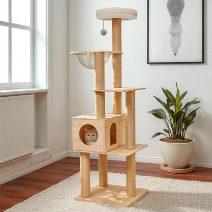 Solid Wood Cat Tree Tower with Condo & Perch