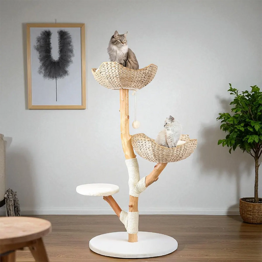 Solid Wood Cat Tree with Woven Baskets & Perches