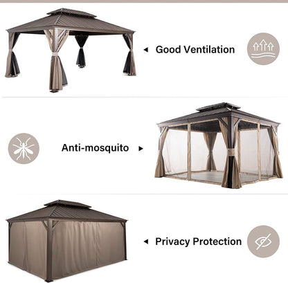 Mazonvintage HOME 12' x 16' Hardtop Patio Gazebo, 2-Tier Permanent Aluminum Hardtop with Mosquito Netting and Privacy Curtain, Brown