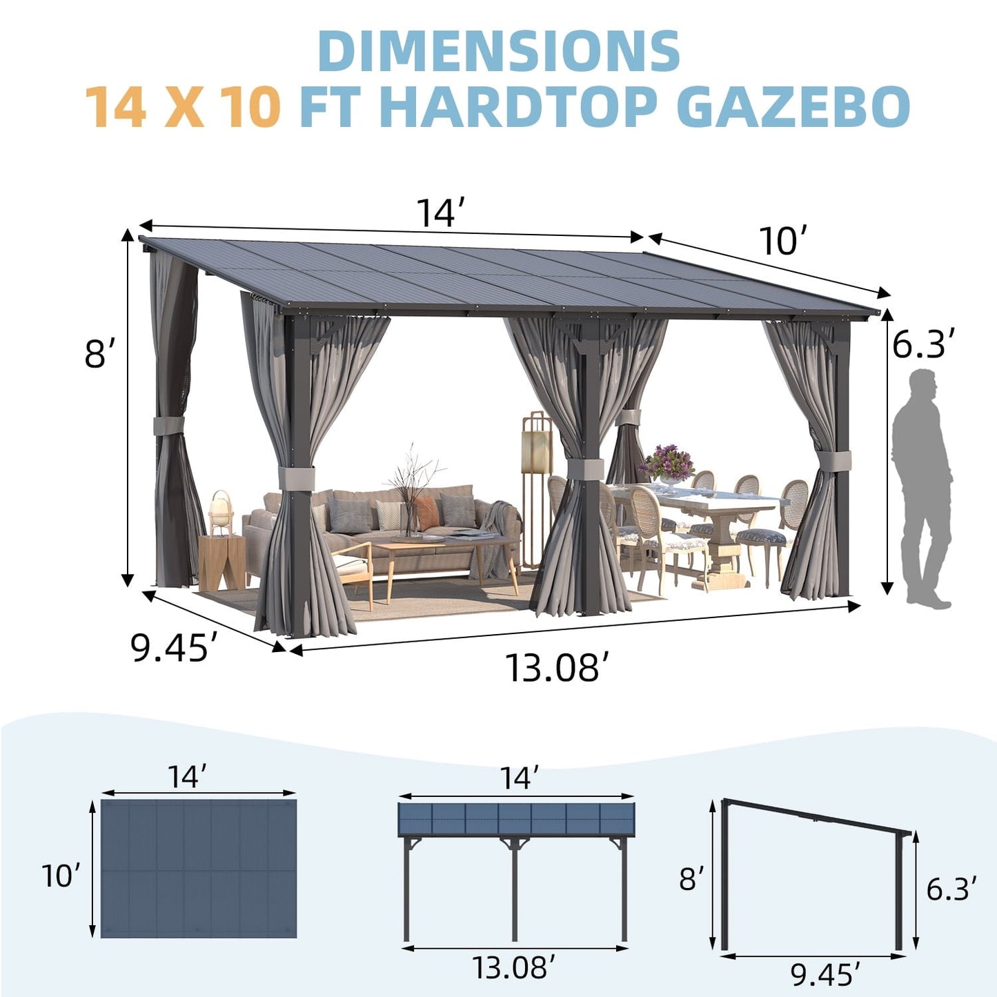 Mazonvintage 14' x 10' Lean to Gazebo with Netting and Curtain Outdoor Hardtop Gazebo Aluminum Metal Pergola ​For Garden, Patio, Backyard-​Dark ​Gray