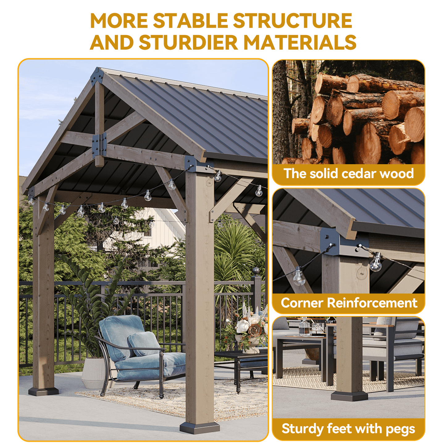 Mazonvintage 10' x 12' Outdoor Wood Frame Gazebo, Hardtop Gazebo with Galvanized Steel, Permanent Wooden Pavilion for Patio Backyard Lawn Garden