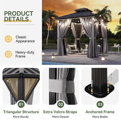Mazonvintage 8'x8' Hardtop Gazebo, Aluminum Frame Gazebo with Double Galvanized Steel Roof, Outdoor Metal Pavilion with Netting and Curtains for Backyard, Gray