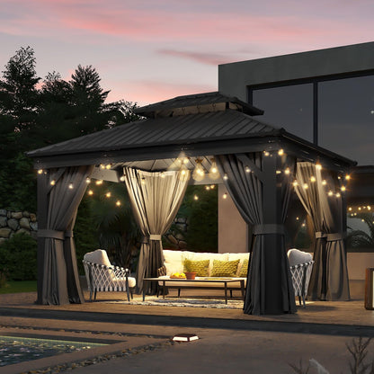 Mazonvintage 10' X 12' Hardtop Gazebo, Aluminum Outdoor Gazebo with Galvanized Steel Double Roof Canopy, Permanent Metal Gazebo with Privacy Curtain and Netting, for Garden, Backyard, Deck