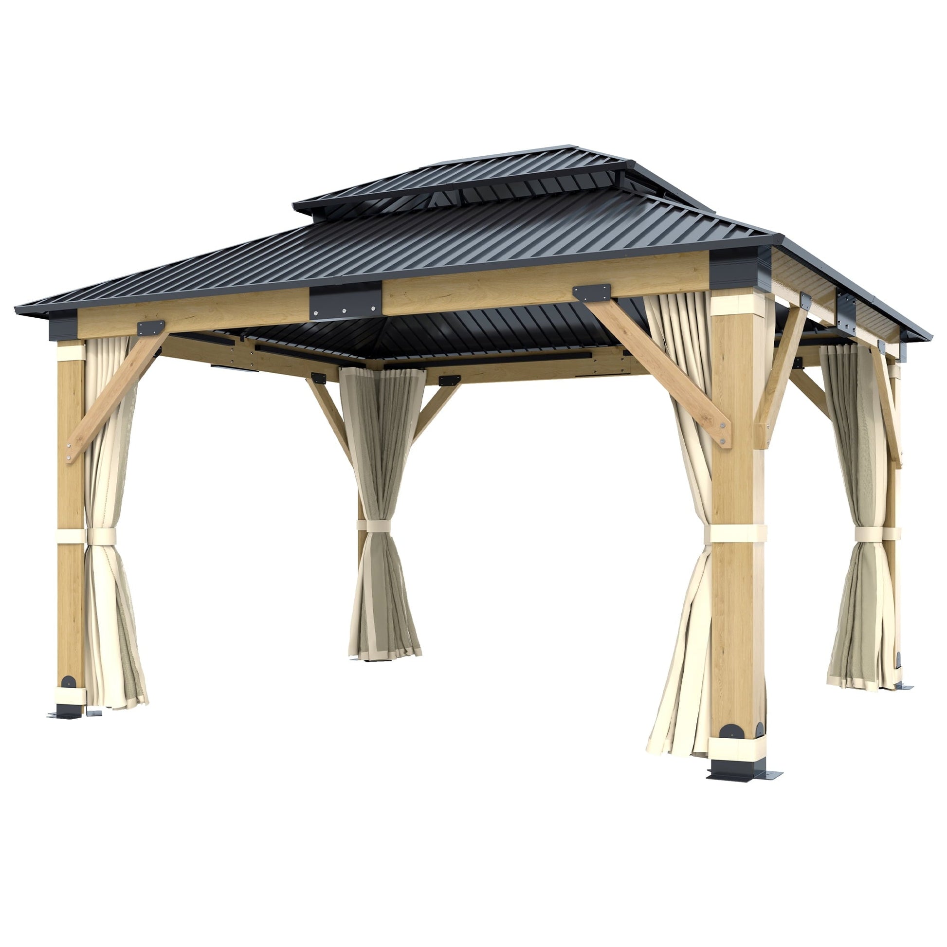 Mazonvintage 11 x 13 ft. Patio Cedar Wood Gazebo, Double Metal Roof Hardtop Wooden Gazebos with Curtains and Netting for Mazonvintage, Deck, Lawns