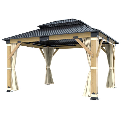 Mazonvintage 11 x 13 ft. Patio Cedar Wood Gazebo, Double Metal Roof Hardtop Wooden Gazebos with Curtains and Netting for Mazonvintage, Deck, Lawns