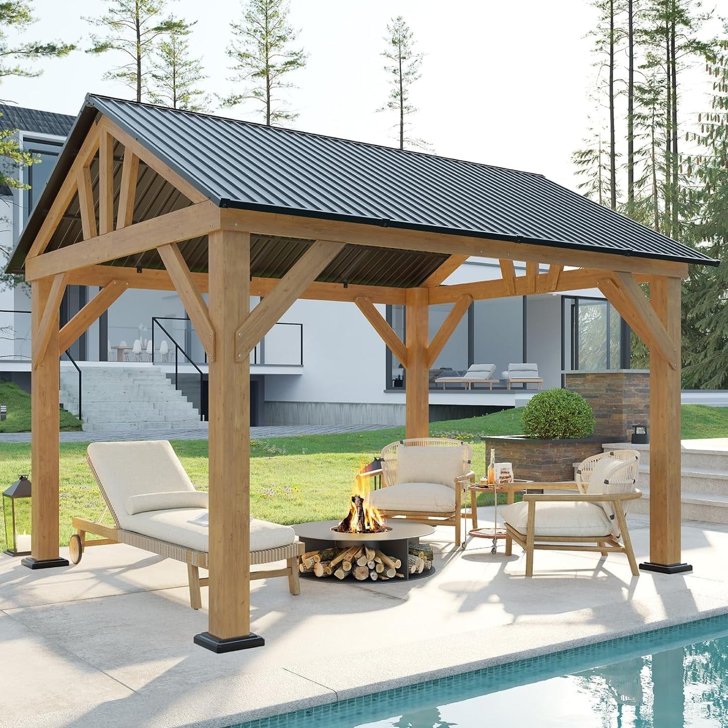 Mazonvintage Wood Gazebo 10'x12', Wind & Rain Resistant Design, Grill Gazebo for Garden, Mazonvintage