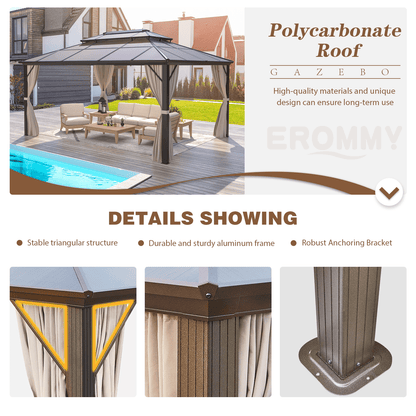 Mazonvintage 12'x16' Outdoor Polycarbonate Double Roof Mazonvintage Gazebo Canopy Curtains Aluminum Frame with Netting for Garden,Patio