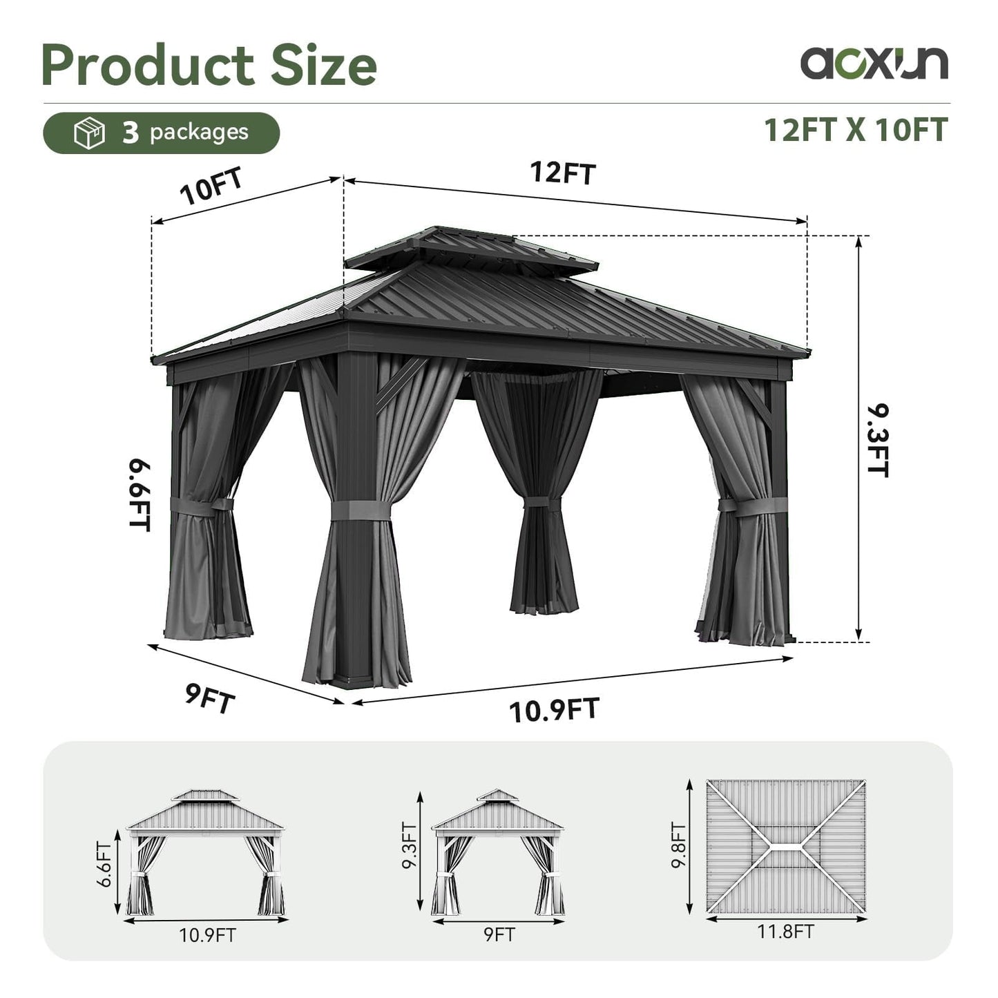 Mazonvintage 10' X 12' Hardtop Gazebo, Aluminum Outdoor Gazebo with Galvanized Steel Double Roof Canopy, Permanent Metal Gazebo with Privacy Curtain and Netting, for Garden, Backyard, Deck