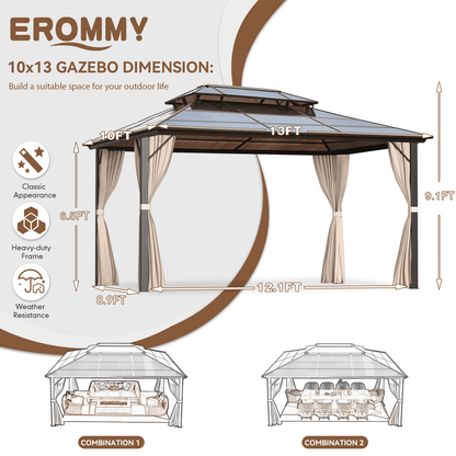 Mazonvintage 10'x13' Hardtop Gazebo with Polycarbonate Double Roof and Aluminum Frame for Garden, Patio, Lawns