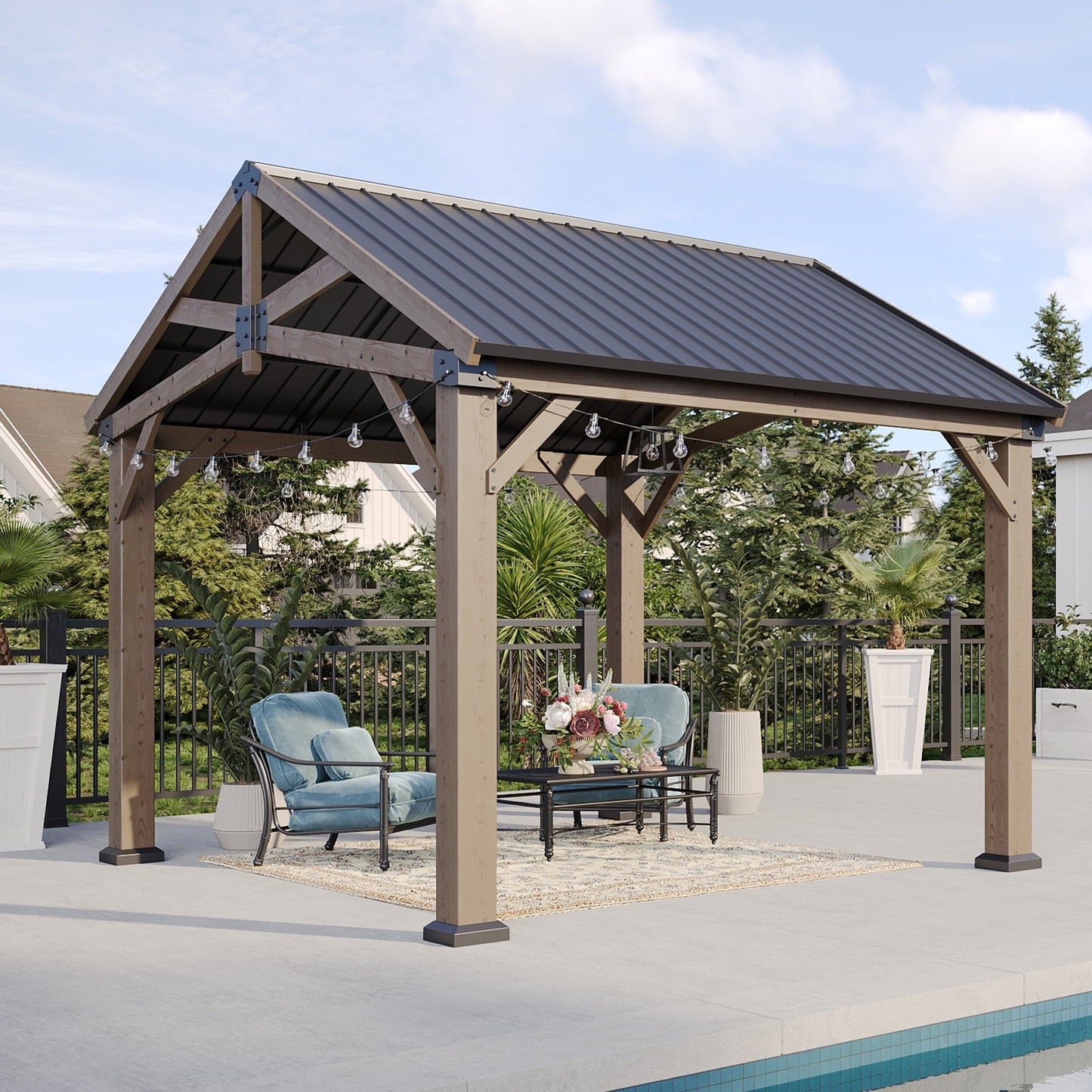 Mazonvintage 10' x 12' Outdoor Wood Frame Gazebo, Mazonvintage Gazebo with Galvanized Steel, Permanent Wooden Pavilion for Patio Mazonvintage Lawn Garden