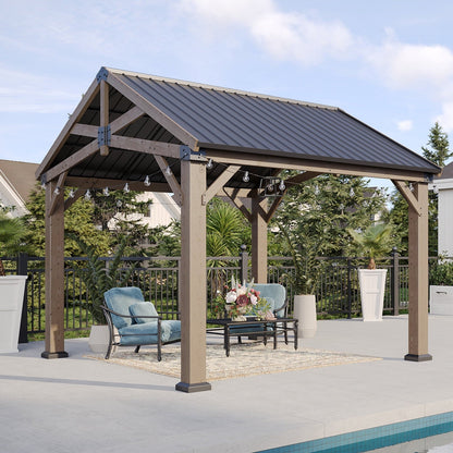 Mazonvintage 10' x 12' Outdoor Wood Frame Gazebo, Mazonvintage Gazebo with Galvanized Steel, Permanent Wooden Pavilion for Patio Mazonvintage Lawn Garden