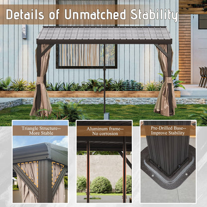 Mazonvintage Outdoor Living 10' x 12' Hardtop Lean-to Gazebo, Wall-Mounted with Galvanized Steel Roof Wall Pergola with Aluminum Frame, Curtains and Netting, for Patio, Deck, Garden, Backyard