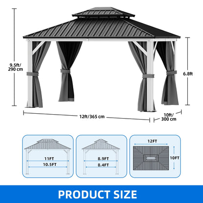 Mazonvintage 10x12 FT Outdoor Hardtop Gazebo,Double Roof Canopy, Aluminum Frame Patio Gazebo with Netting & Gray Curtains, Sunshade for Garden, Patio, Lawns, White&Gray