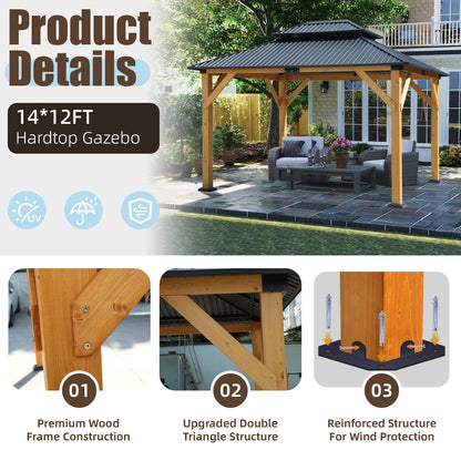 Mazonvintage Fir Wood Carport Gazebo Permanent Double Layer Steel Roof Wooden Frame All Weather Patio Shelter with Insect Netting Heavy Duty Canopy