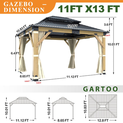 Mazonvintage 11 x 13 ft. Patio Cedar Wood Gazebo, Double Metal Roof Hardtop Wooden Gazebos with Curtains and Netting for Mazonvintage, Deck, Lawns