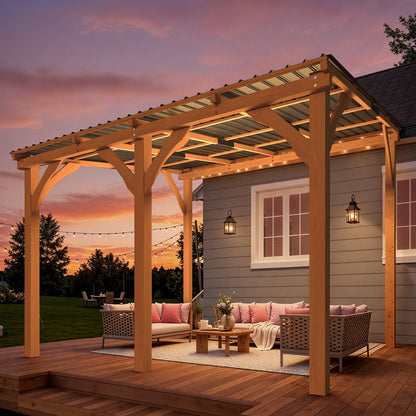 Mazonvintage 10' x 10' Wall-Mounted Outdoor Wood Gazebo, Hardtop Cedar Pergola with Heavy-Duty Awnings for Patio, Deck, Backyard
