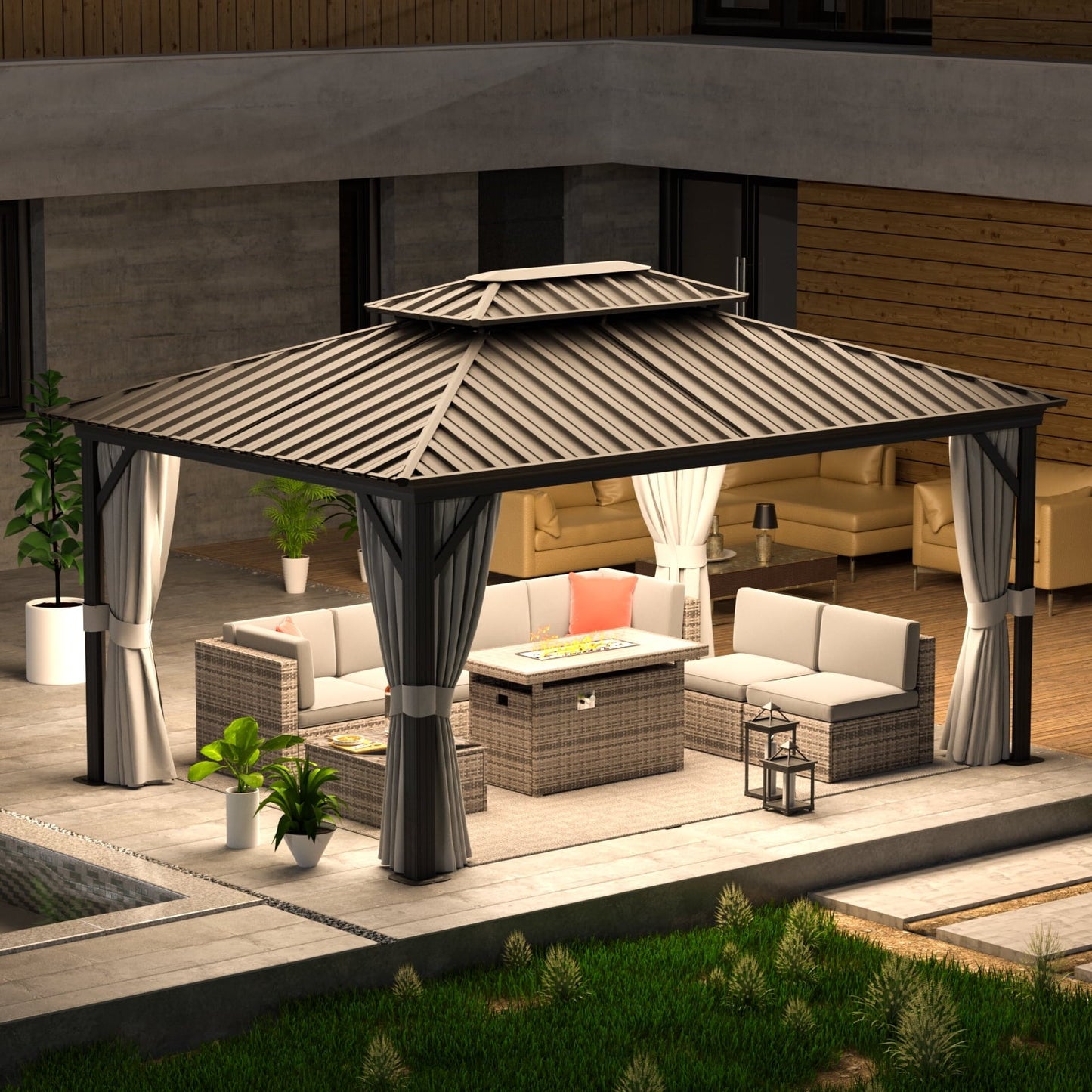 Mazonvintage 12'x16’Outdoor Hardtop Gazebo, Galvanized  Double Roof Aluminum Pavilion with Netting and Curtains for Garden, Patio, Lawns, Gray