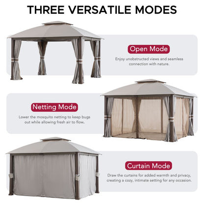 Mazonvintage Outdoor Patio Steel Frame 11x13 Gazebo 2-Tier Soft Top Gazebo with Netting and Curtains - Light Gray