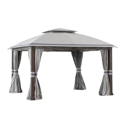 Mazonvintage Outdoor Patio Steel Frame 11x13 Gazebo 2-Tier Soft Top Gazebo with Netting and Curtains - Gray