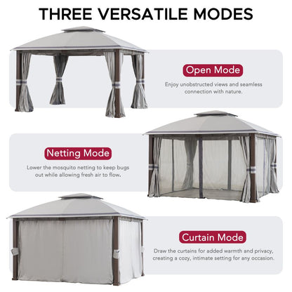 Mazonvintage Outdoor Patio Steel Frame 11x13 Gazebo 2-Tier Soft Top Gazebo with Netting and Curtains - Gray
